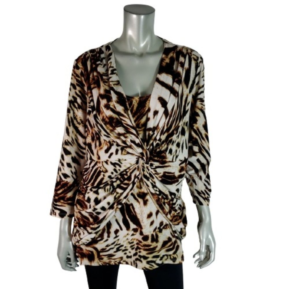 Dressbarn Womens Top Plus Sz 1X Animal Print Twist Front‎ Stretch Pullover Brown